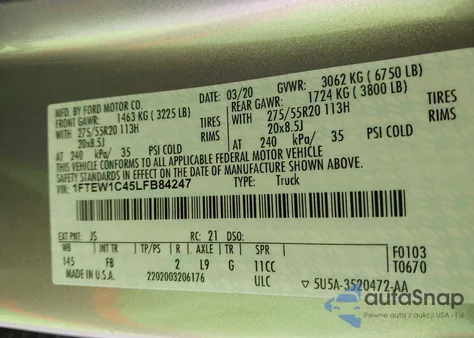 2020 Ford F-150 Xlt z USA, uszkodzony, nr VIN 1FTEW1C45LFB84247